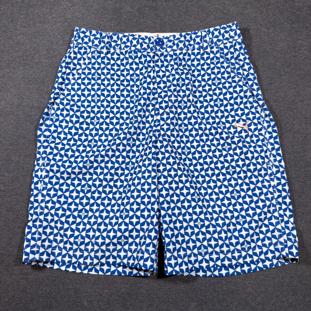 Puma Golf Shorts Mens 30 Blue White Geometric Star Print Flat Front Cell Dry